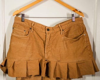 Large Reworked Tan Corduroy Ruffle Skirt 36 Waist Upcycled Menswear