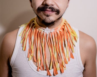 Yellow Orange Tie Dyed Fringe Hippie Festival Choker Necklace, One Size - One of a Kind