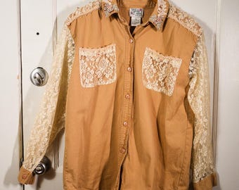Tan Sheer Lace Long Sleeve Button Up Beaded Top Size Large