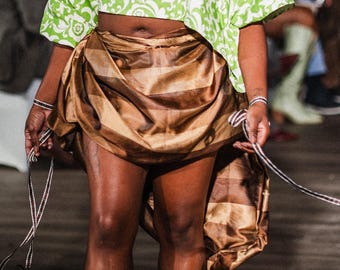 Draped Brown Stripe Elastic Waist High Low Skirt Size Medium - One of a Kind