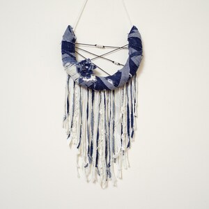 Denim & Lace Fringe Wreath Rustic Chic Hanging Wall Art with Pearl Accents Handmade One of a Kind