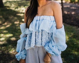 2000s Blue Fuzzy Cyber Ruffle Tube Top