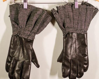 Reworked Brown Faux Leather Gloves With High Fashion Wrist Ruffle - Men’s Medium