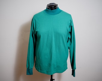 80s Solid Green Mock Neck Long Sleeve Sweatshirt - Unisex Size Medium - Monochromatic - Minimalist