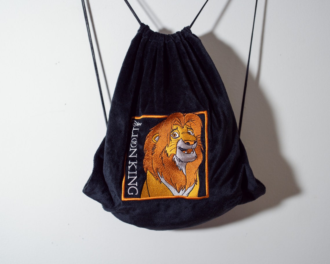 90s the Lion King Black Drawstring Backpack Embroidered Mufasa Walt
