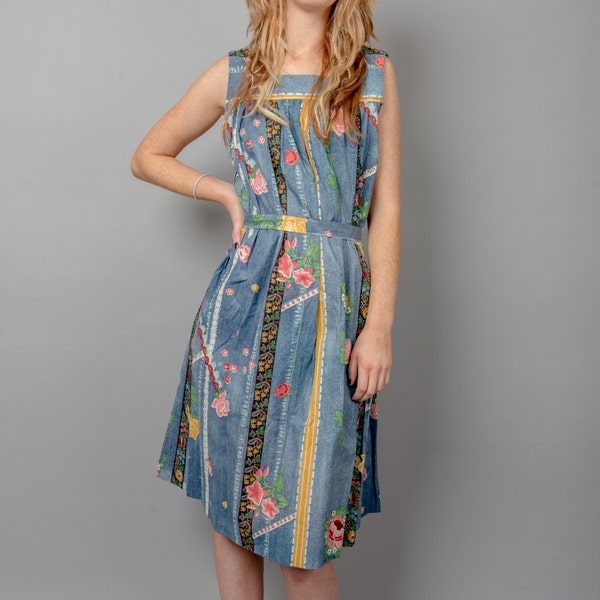 1980s Chambray & Floral Country Chic House Dress