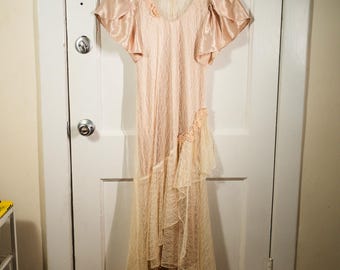 Vintage 1980s Flapper Style Shift Dress Silk & Lace Size Small