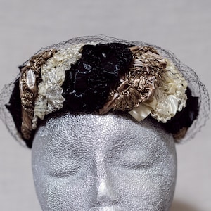 1950s Vintage Hat — Black and Tan Pillbox Hat with Black Netting by Lynn Brooke Hats