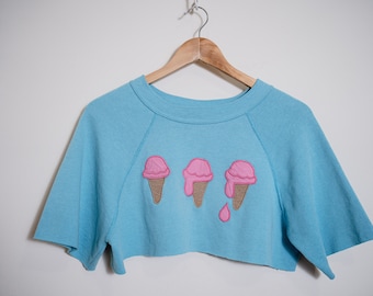 Ice Cream Sweatshirt Cutoff Crop Top - Vintage 1980s Upcycled - Large Medium