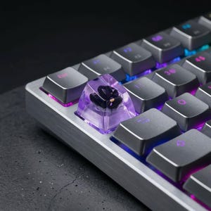 May include: Close-up of a mechanical keyboard with a custom keycap. The keycap is transparent purple with a dark floral design inside. The keyboard has gray keys and a silver frame, with purple and blue backlighting.