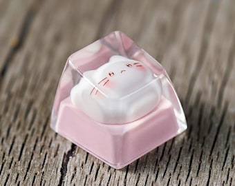 Translucent Kawaii Cat Artisan Keycap – Pink Resin Mechanical Keyboard Key (Cherry MX)