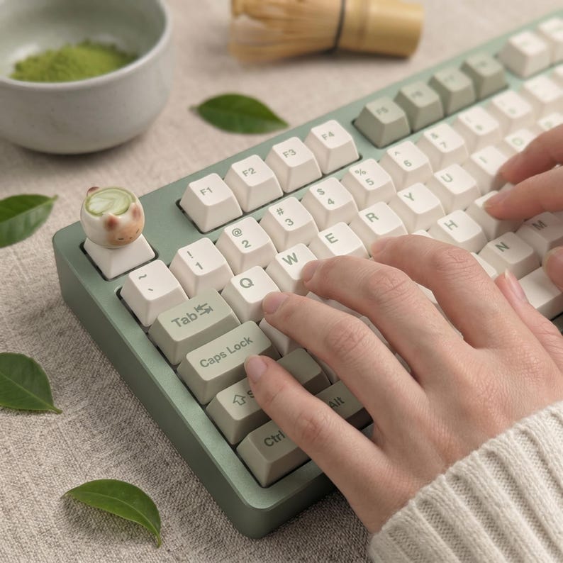 Matcha Green Tea Artisan Keycap, Cute Cat Keyboard Accessory, Kawaii ...