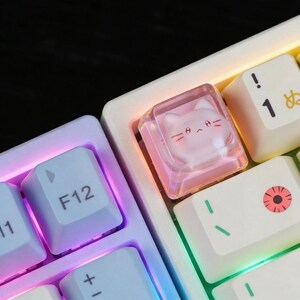 May include: Close-up of a mechanical keyboard with custom keycaps. One keycap features a clear, pink-tinted resin with a cat face design. Other keycaps are white with symbols and characters. The keyboard has a white frame with colorful LED lighting.