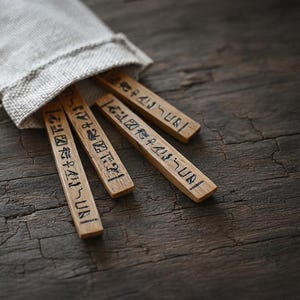 Op de afbeelding: Vier houten stokken met zwarte inscripties, deels uit een beige linnen zak. De rechthoekige stokken liggen op een donker houten oppervlak, wat een rustieke uitstraling creëert.