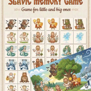 May include: A Slavic Memory Game with illustrated cards featuring mythical creatures and figures. The game includes a colourful illustration of a forest scene with characters. The text on the game box reads "Slavic Memory Game" and "Game for little and big ones."