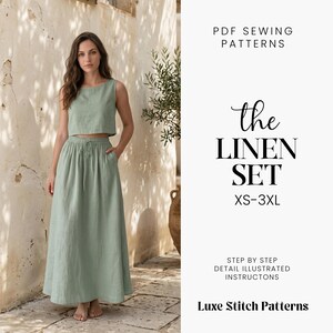 Puede incluir: Una mujer viste un conjunto de lino verde salvia, compuesto por un top corto y una falda larga de cintura alta. La imagen incluye el texto "the LINEN SET" y "XS-3XL". También se lee "PDF SEWING PATTERNS" y "Luxe Stitch Patterns".