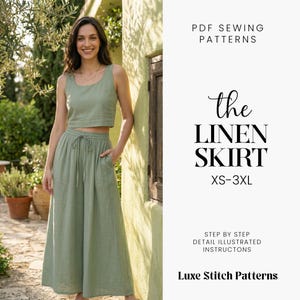Può includere: Una donna indossa un top corto e pantaloni a gamba larga in lino verde salvia. L'immagine include il testo "the LINEN SKIRT XS-3XL" e "PDF SEWING PATTERNS". L'outfit ha una vita con coulisse e tasche. È visibile anche "Luxe Stitch Patterns".