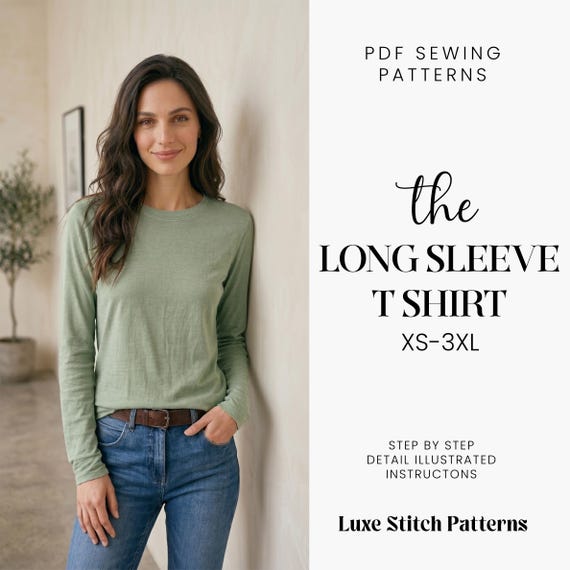 Long Sleeved T-shirt Sewing Pattern Top | XS-XXXL | Instant Download | Easy Digital PDF | Fitted Stretch Top Fitted Long Sleeve Shirt Sewing