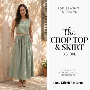 May include: A woman in a sage green crop top and skirt set. The skirt features a drawstring waist and pockets. Text on the image reads "the CROP TOP & SKIRT" and "XS-3XL". The image also includes the text "PDF SEWING PATTERNS".
