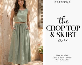 May include: A woman wearing a sage green crop top and matching skirt. The skirt has a drawstring waist and pockets. The image includes text that reads "the CROP TOP & SKIRT" and "XS-3XL". The text also says "PDF Sewing Patterns".