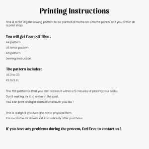 May include: A white page with the text "Printing Instructions" in a decorative font. The text describes a digital PDF sewing pattern, including the files provided, sizing, and download information. The pattern includes sizes US 2 to 30 and XS to 5XL.