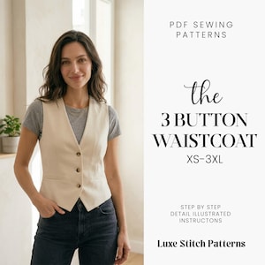 May include: A woman wearing a beige, three-button waistcoat over a gray t-shirt and dark jeans. The image includes text that reads "the 3 BUTTON WAISTCOAT" and "PDF SEWING PATTERNS". The waistcoat is part of a sewing pattern.