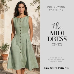Puede incluir: Un vestido midi verde claro sin mangas con botones y bolsillos. El vestido lo lleva una persona. El texto a la derecha dice "the MIDI DRESS XS-3XL" y "Luxe Stitch Patterns".