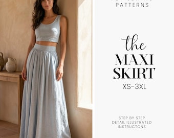 May include: A light blue maxi skirt and crop top set. The image includes the text "the MAXI SKIRT XS-3XL" and "PDF SEWING PATTERNS". The set is made of a soft, flowing fabric. The image also includes the text "STEP BY STEP DETAIL ILLUSTRATED INSTRUCTONS" and "Luxe Stitch Patterns".