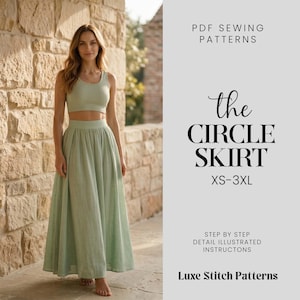 May include: A woman wearing a light green crop top and a matching long circle skirt. The image includes text that reads "the CIRCLE SKIRT XS-3XL" and "PDF SEWING PATTERNS". The skirt is a maxi length.