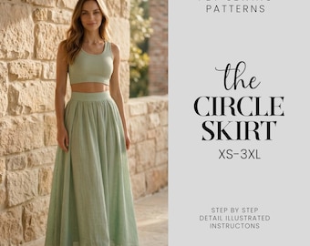 May include: A woman wearing a light green crop top and a matching long circle skirt. The image includes text that reads "the CIRCLE SKIRT XS-3XL" and "PDF SEWING PATTERNS". The skirt is a maxi length.