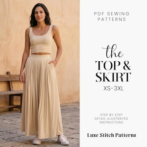 May include: A woman wearing a beige crop top and pleated skirt. The skirt has pockets and is paired with white sneakers. The image includes text that reads "PDF Sewing Patterns", "the TOP & SKIRT XS-3XL", and "Luxe Stitch Patterns".