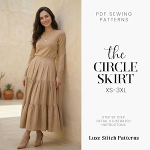 May include: A woman wearing a tan-colored long-sleeved top and a tiered circle skirt. The skirt is a midi length. The image includes text that reads "the CIRCLE SKIRT XS-3XL" and "PDF SEWING PATTERNS".