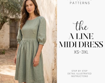 May include: A-line midi dress in a soft green hue. The dress features a round neckline, elbow-length sleeves, and a gathered waist. The image also includes text that reads "PDF Sewing Patterns", "the A Line Midi Dress XS-3XL", and "Luxe Stitch Patterns".