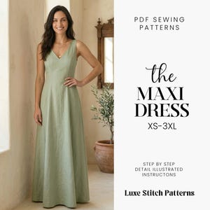 Puede incluir: Una mujer con un vestido largo verde salvia con cuello en V. La imagen incluye el texto "the MAXI DRESS XS-3XL" y "PDF SEWING PATTERNS". El vestido es largo hasta el suelo y tiene una silueta fluida. La imagen también incluye el texto "Luxe Stitch Patterns".