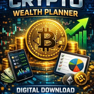 Peut inclure: Visuel numérique pour un "Planificateur de richesse crypto". L'image présente une grande pièce Bitcoin, des piles de pièces d'or, un smartphone affichant des données financières et une tablette avec un diagramme circulaire. Les mots "Crypto Wealth Planner" et "Téléchargement numérique" sont affichés.