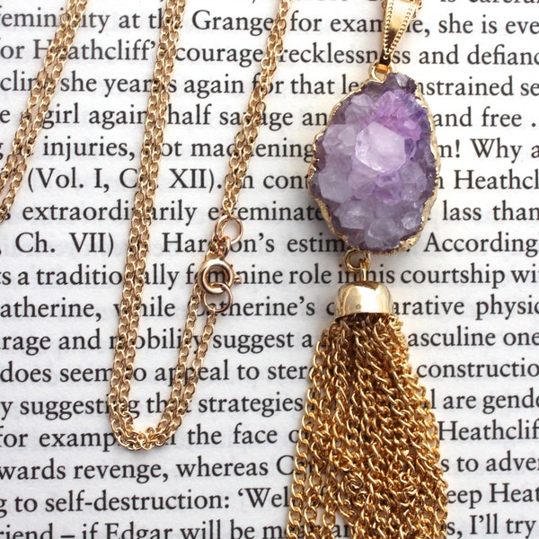 Lavender Purple Druzy Tassel Pendant Long Gold Necklace
