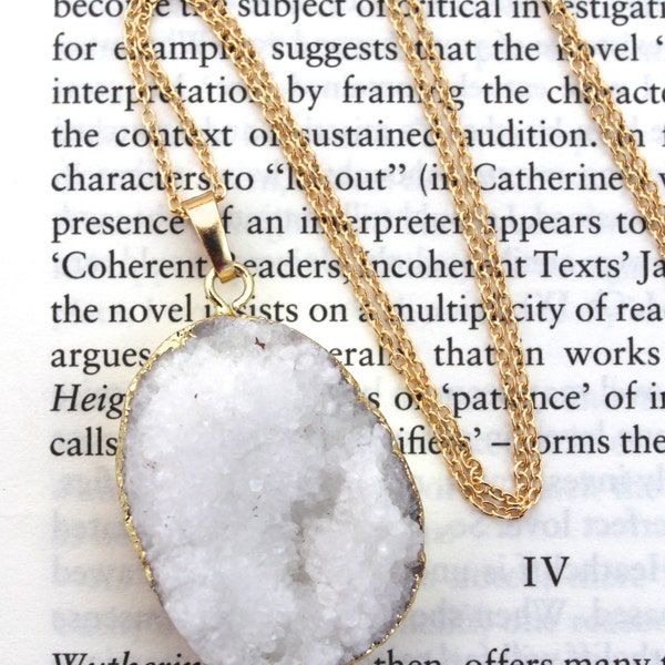 White Drusy Pendant Long Gold Necklace