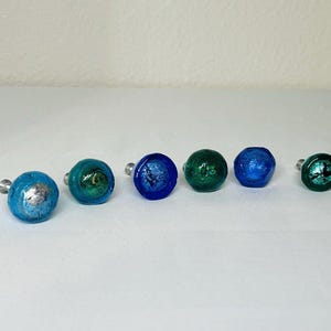 Handblown Art Glass Cabinet Drawer Pulls Blue Green Metallic Swirl Unique Set
