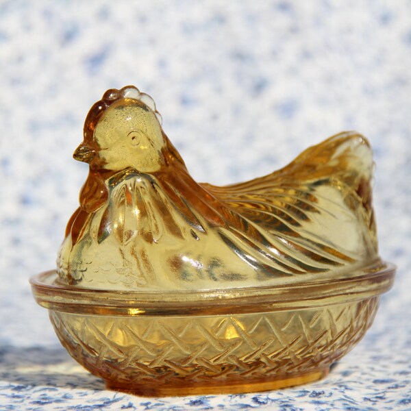 Amber Glass Hen on Nest Salt Dip or Trinket box Covered candy dish