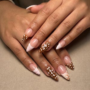 Handmade 3D Shell Almond Press on Nails | Brown Deer Print French Tip Nails | Boho Coastal Cowboy Nails | Custom Faux Nails | Gift for Her