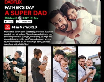 編集可能な父の日フォトテンプレート Canva | Dadflix Netflix風父の日ギフト印刷可能 | お父さんのためのパーソナライズされたフォトコラージュカード