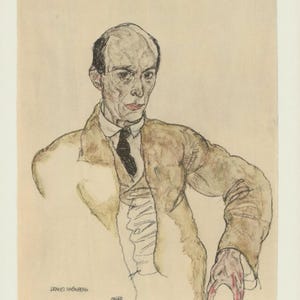 May include: A pencil and watercolour portrait of a man in a suit and tie. The artwork depicts a bald man with a stern expression, wearing a light brown suit jacket over a white shirt and black tie. The artist's name is visible.