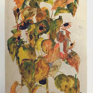 May include: Watercolour painting of a sunflower plant with large, textured leaves in shades of green, yellow, and brown. The plant features several sunflowers with dark centres and orange petals. The artwork has a vintage aesthetic.