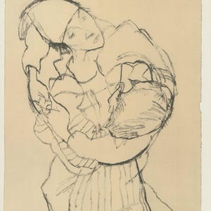 May include: A charcoal sketch depicting a person cradling a child, both looking upwards. The person wears a head covering and a striped garment. The artwork is on light-coloured paper.