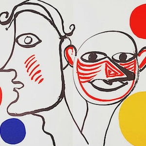 May include: Abstract art print featuring two stylized faces in black outline on a white background. One face has red cheek marks, the other has red and black facial markings. Red, blue, and yellow circles are scattered around the faces.