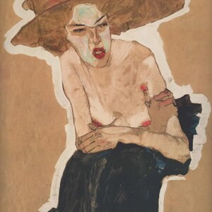 May include: A watercolour painting of a woman wearing a large brown hat, red lipstick, and a black dress. The artwork has a raw, expressive style with visible brushstrokes and a neutral background. The woman's expression is intense.