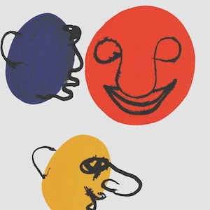 May include: Abstract art print featuring three colorful, cartoonish faces. A large red circle with a smiling face, a blue oval with black squiggles, and a yellow oval with a face. The artwork is on a white background.