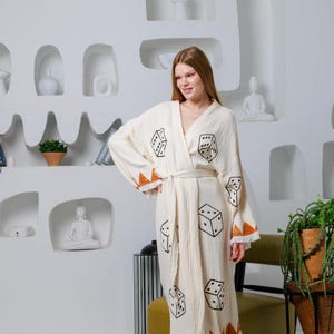 Boho kimono-morgonrock, muslin i ekologisk bomull, strandmantel, kaftan i resortstil, lyxig loungemorgonrock