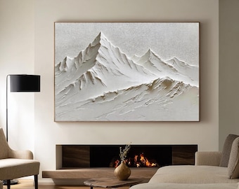 Large hand-painted white mountain painting, white textured landscape wall art, modern living room decoration