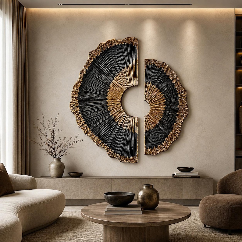 Op de afbeelding: Een grote, tweedelige wandsculptuur met een cirkelvormig ontwerp en een gestructureerd, stralend patroon. Het kunstwerk toont een opvallend contrast tussen diepzwarte en metallic gouden afwerkingen met grillige, organische randen.